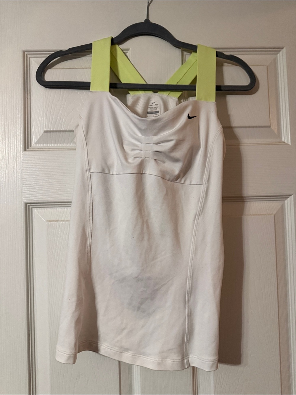 NWOT Nike Dri-FIT White Ruched Tank Top with Volt Lime Green Straps Large